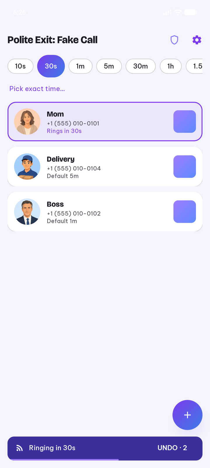 Home screen with one-tap call presets and quick delay chips